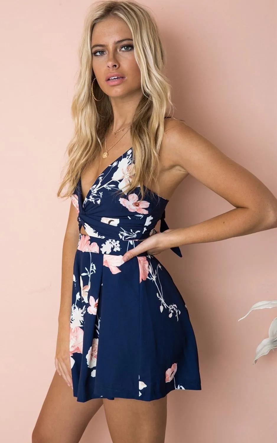 Angashion Women's Sexy V Neck Printed Spaghetti Strap Beach Romper Shorts Jumpsuit XS-3XL