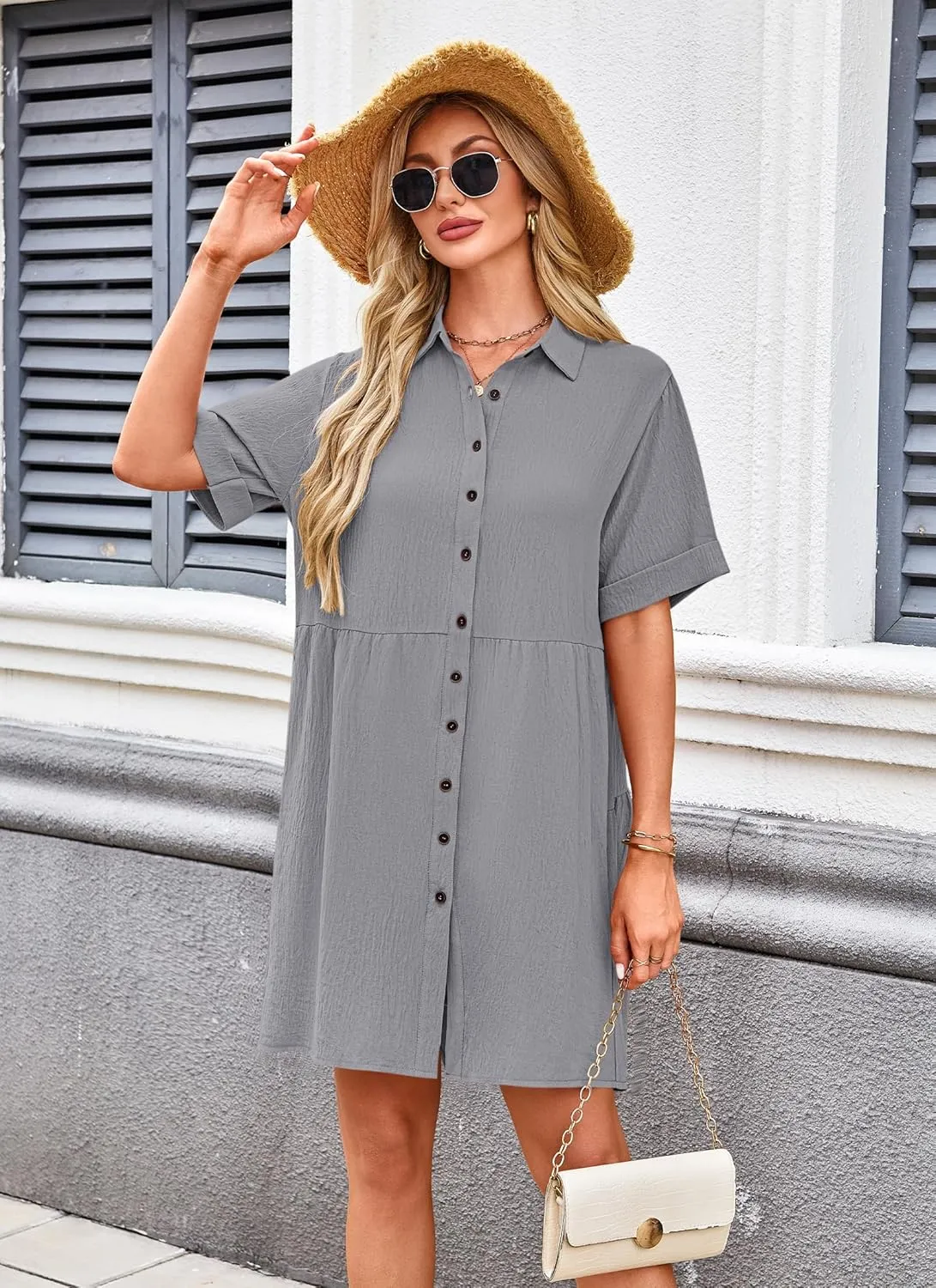 AUSELILY Women's Summer Babydoll Dress Casual Short Sleeve Sundress Button Down Dresses with Pockets 2025 New