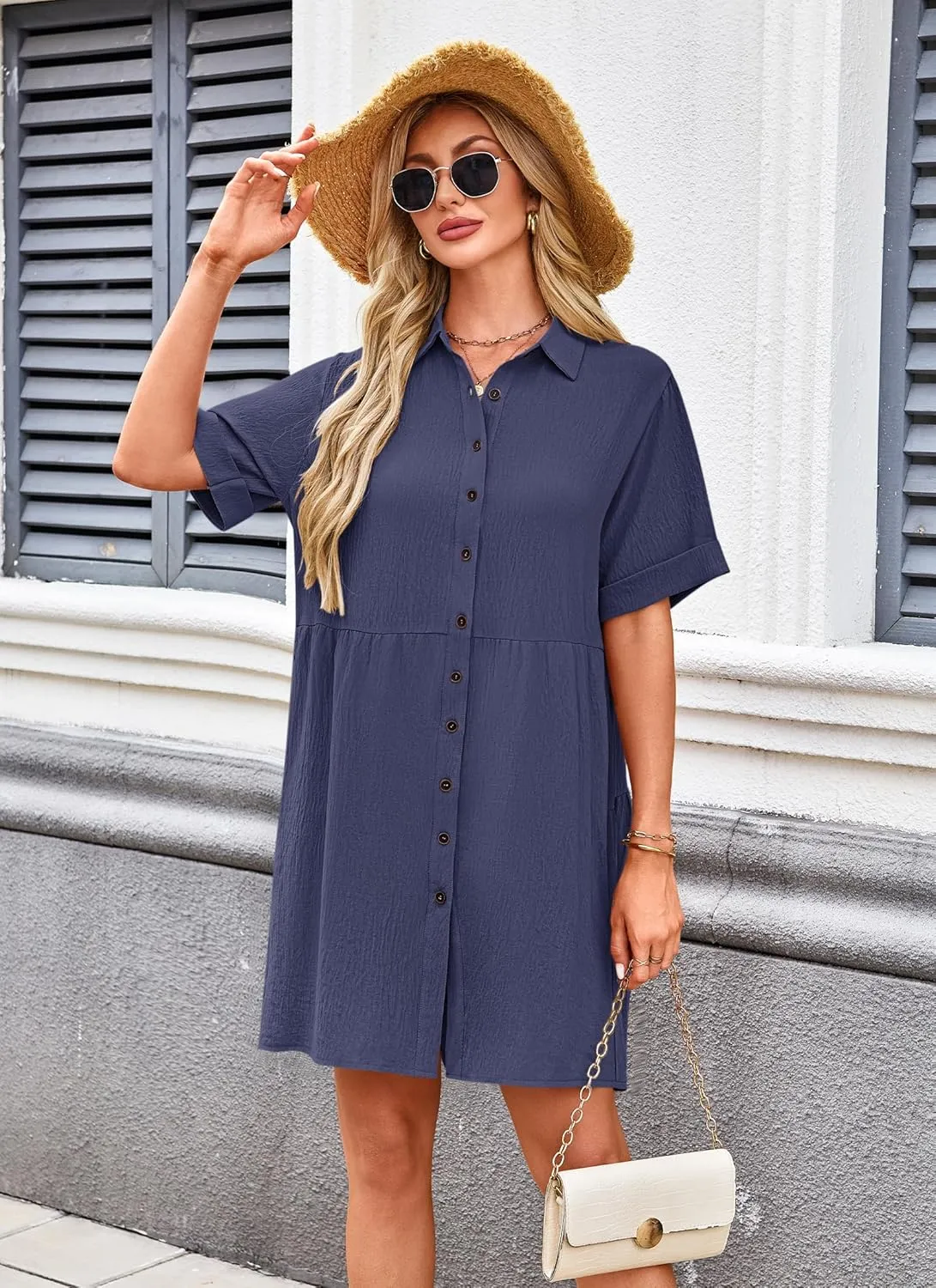 AUSELILY Women's Summer Babydoll Dress Casual Short Sleeve Sundress Button Down Dresses with Pockets 2025 New