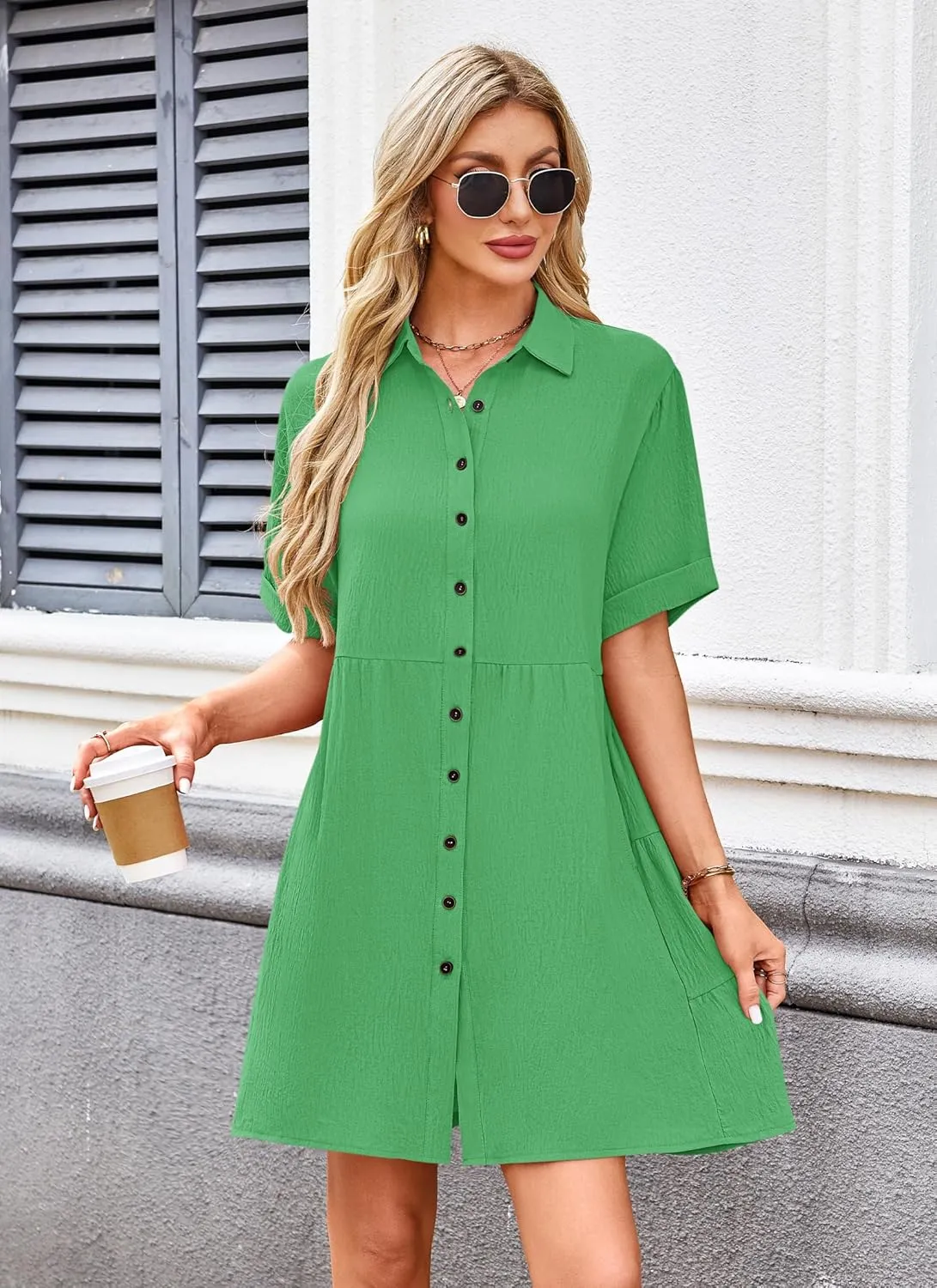 AUSELILY Women's Summer Babydoll Dress Casual Short Sleeve Sundress Button Down Dresses with Pockets 2025 New