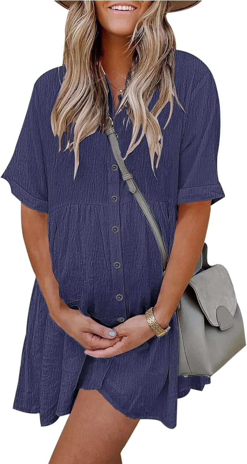 AUSELILY Women's Summer Babydoll Dress Casual Short Sleeve Sundress Button Down Dresses with Pockets 2025 New
