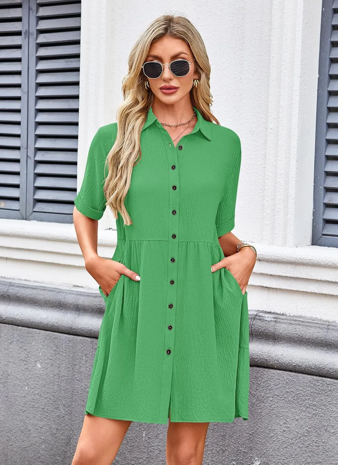 AUSELILY Women's Summer Babydoll Dress Casual Short Sleeve Sundress Button Down Dresses with Pockets 2025 New