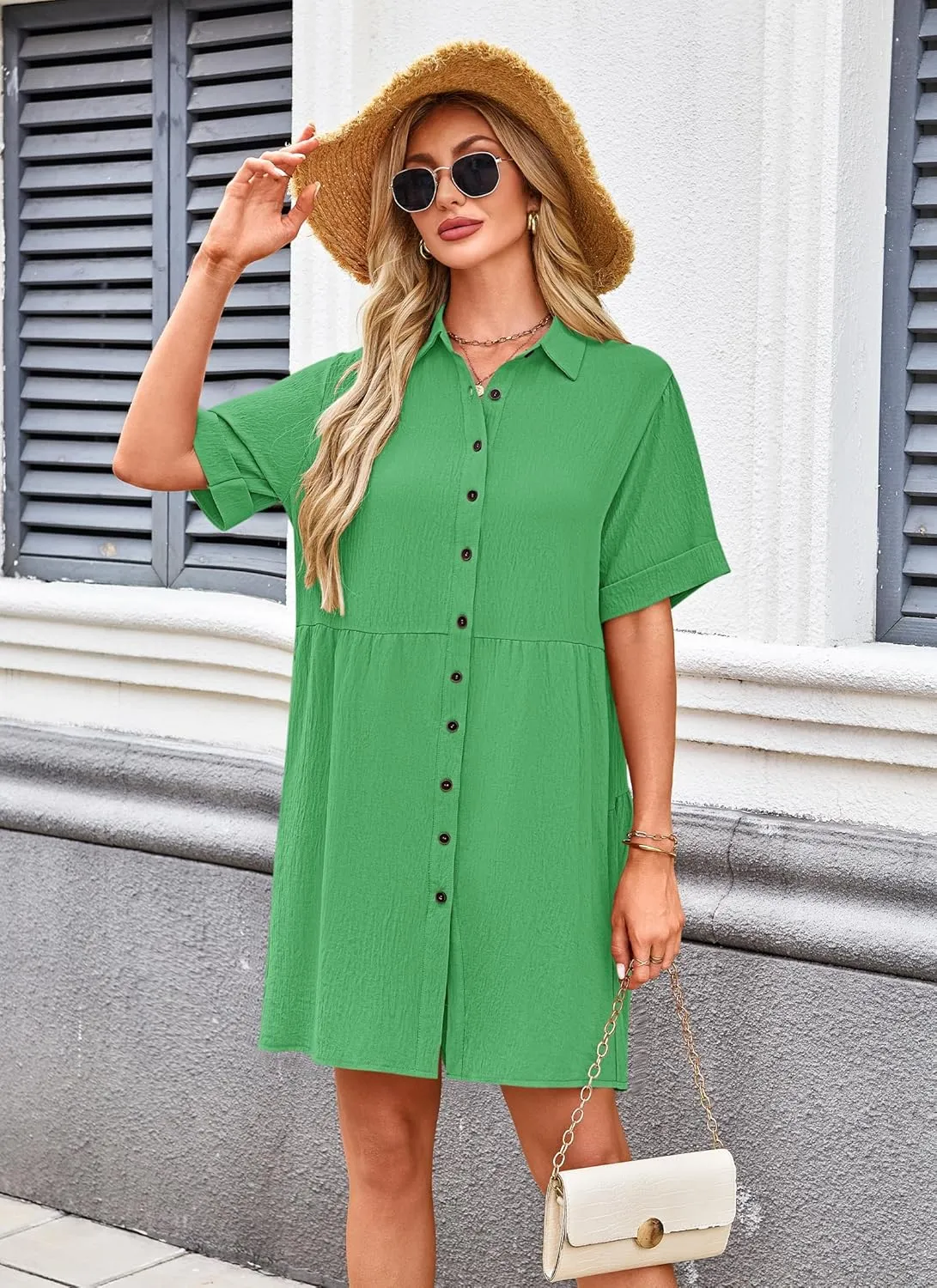 AUSELILY Women's Summer Babydoll Dress Casual Short Sleeve Sundress Button Down Dresses with Pockets 2025 New