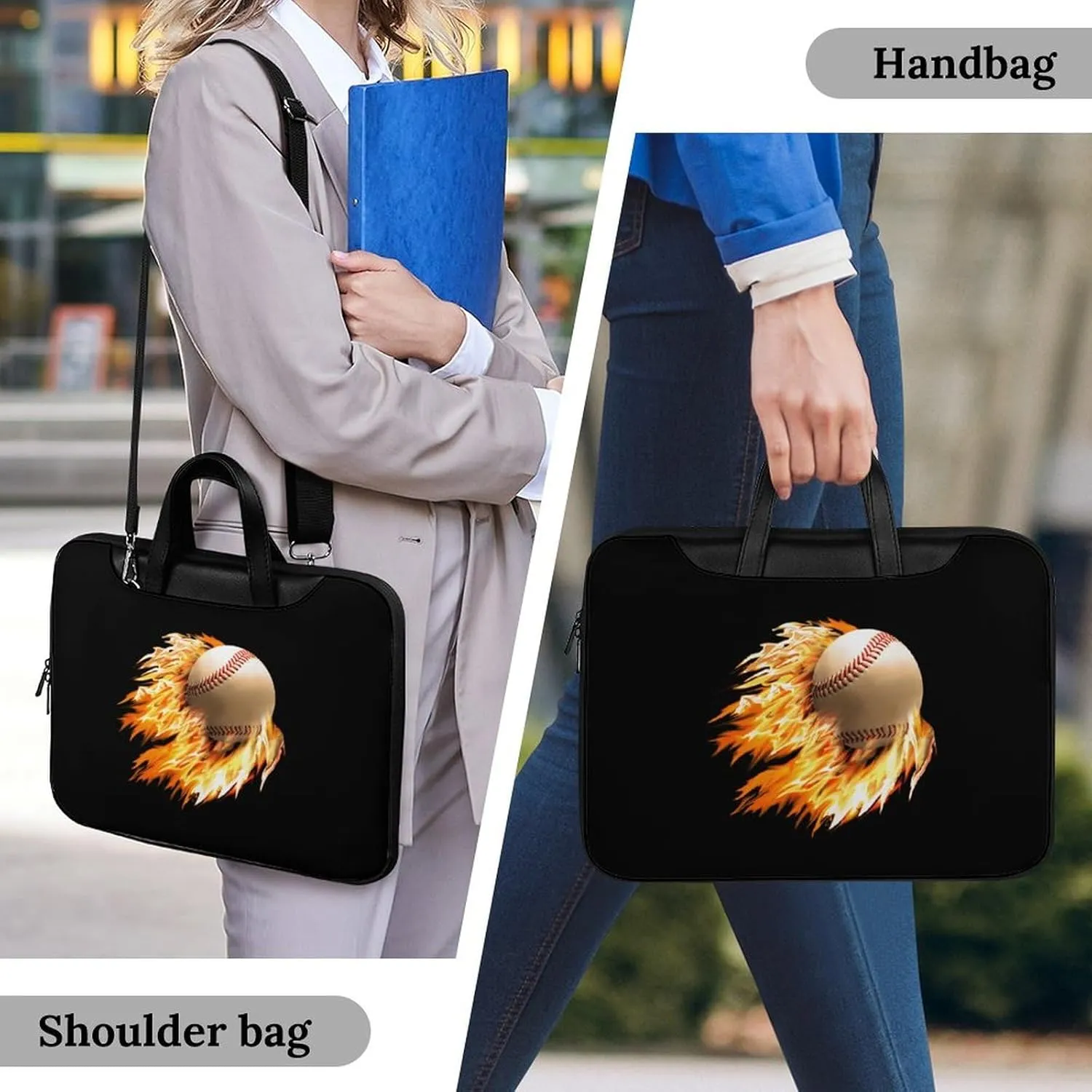 Baseball on Fire Leather Bag Laptop Case Slim Water Resistant Computer Bags with Handle Briefcase for Work