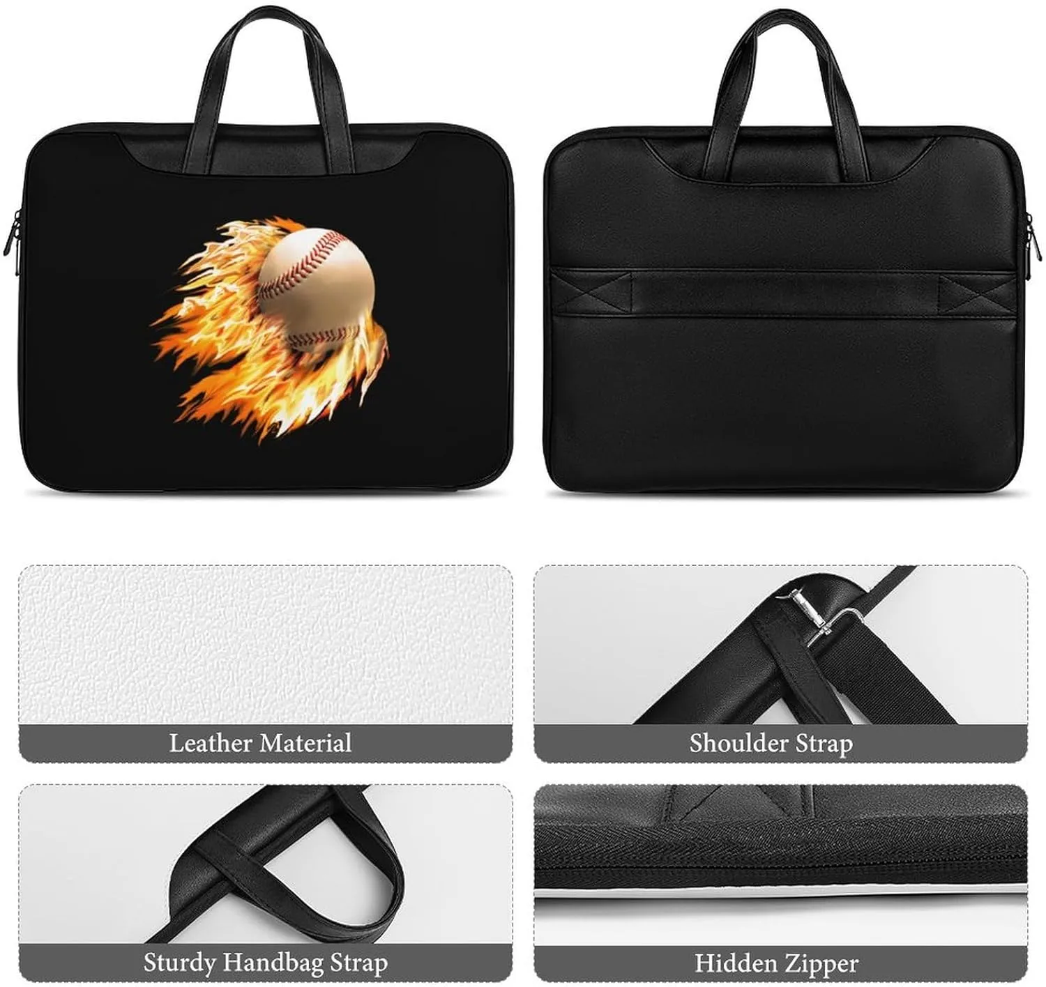 Baseball on Fire Leather Bag Laptop Case Slim Water Resistant Computer Bags with Handle Briefcase for Work