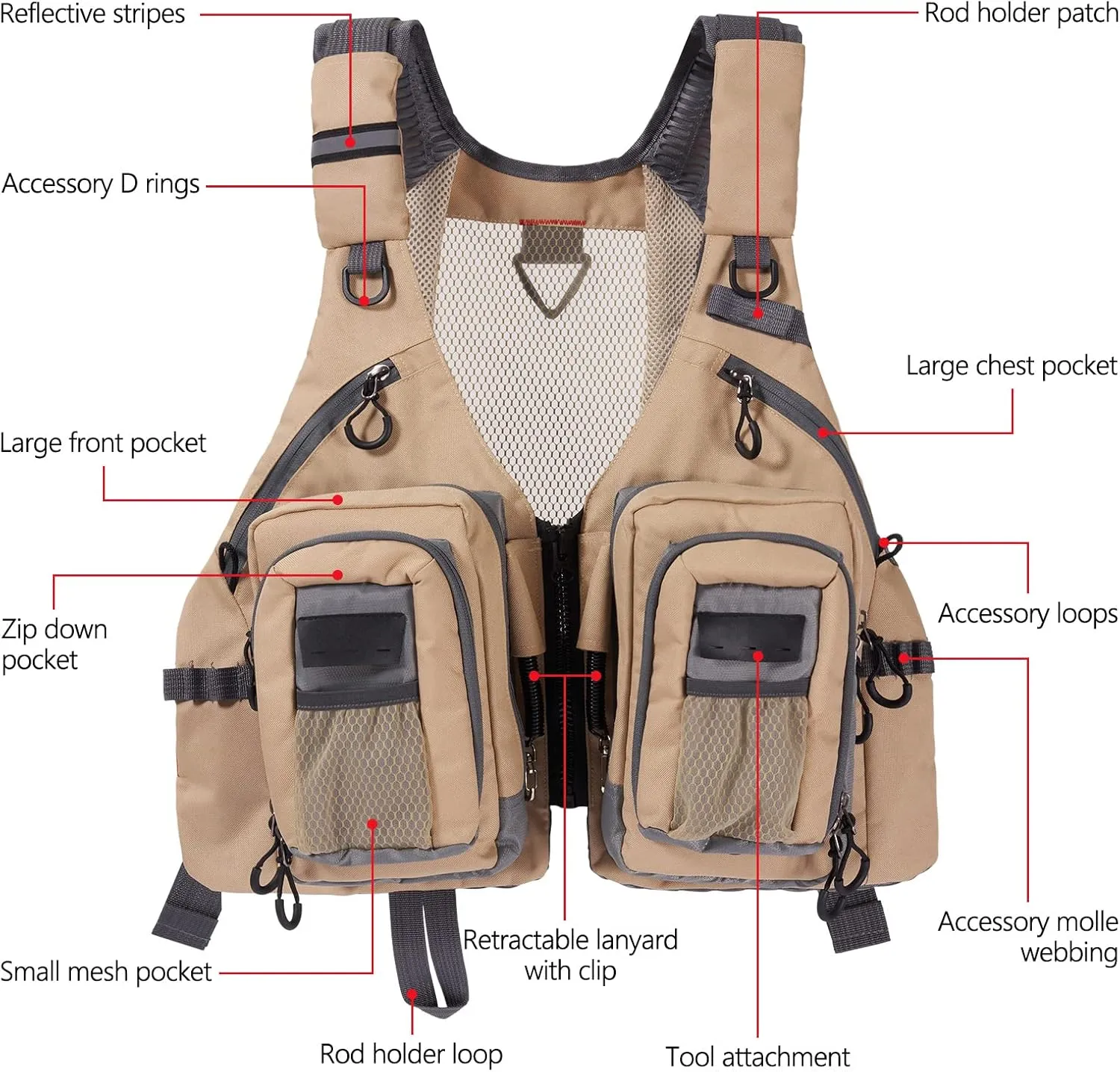 BASSDASH Fly Fishing Vest with Pockets Adjustable Size for Men Women Bass Trout Fishing FV12