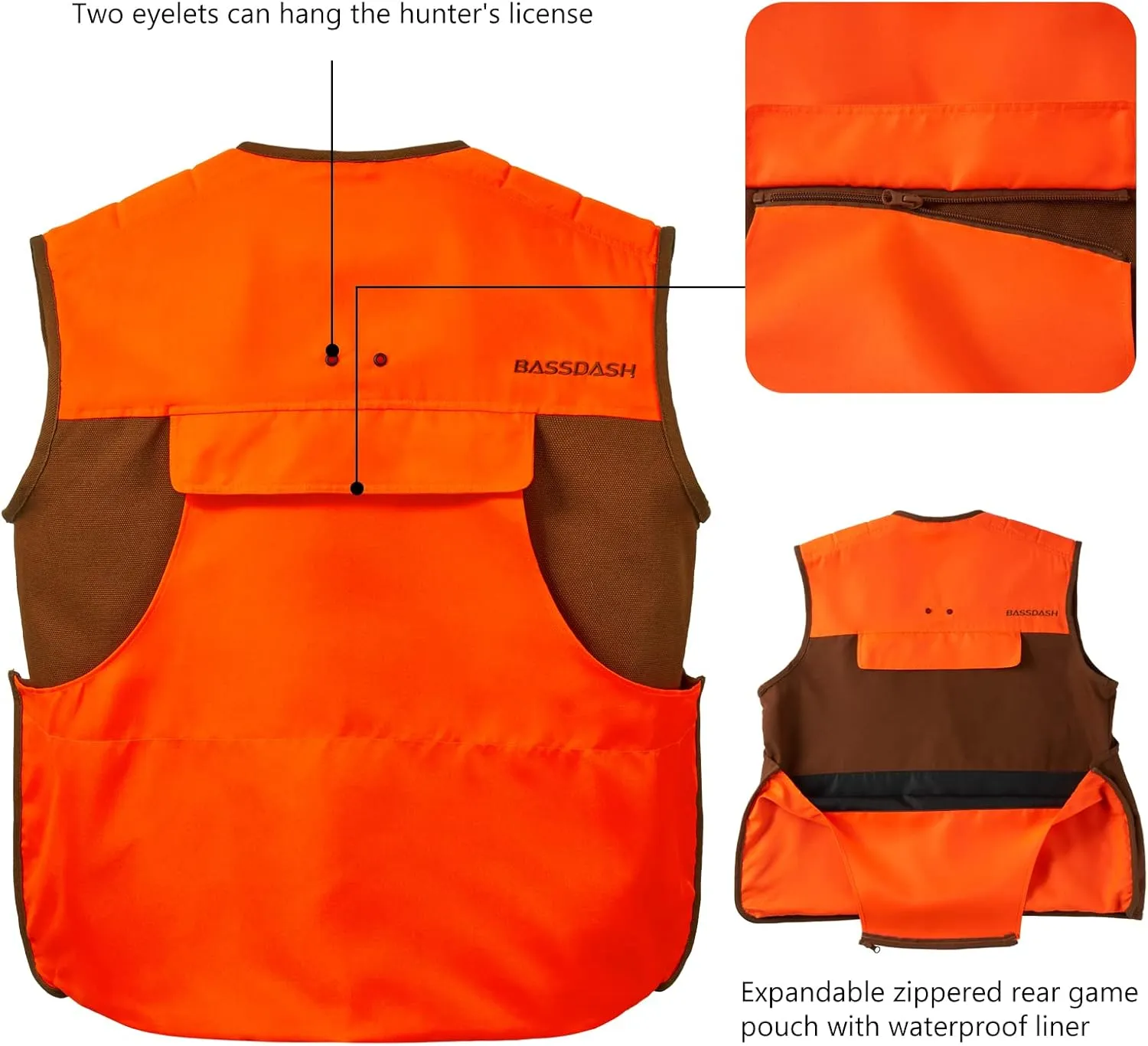 BASSDASH Upland Game Field Water-Resistant Bird Hunting Vest with Multi Pockets Brown/Orange Men Women FV11