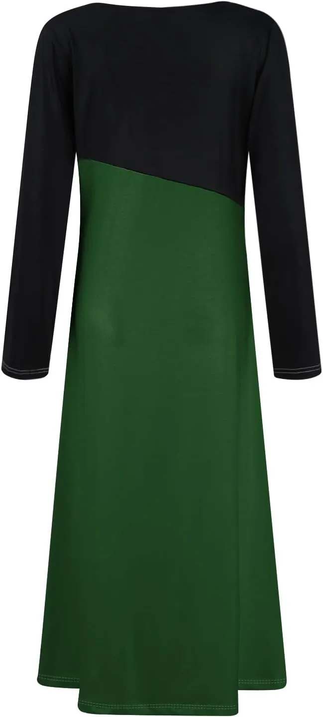 BAXLIMEK Long Sleeve Dresses for Women,2025 Spring Trendy V Neck Patchwork Maxi Dress Casual Loose Flowy Ruched Beach Dress