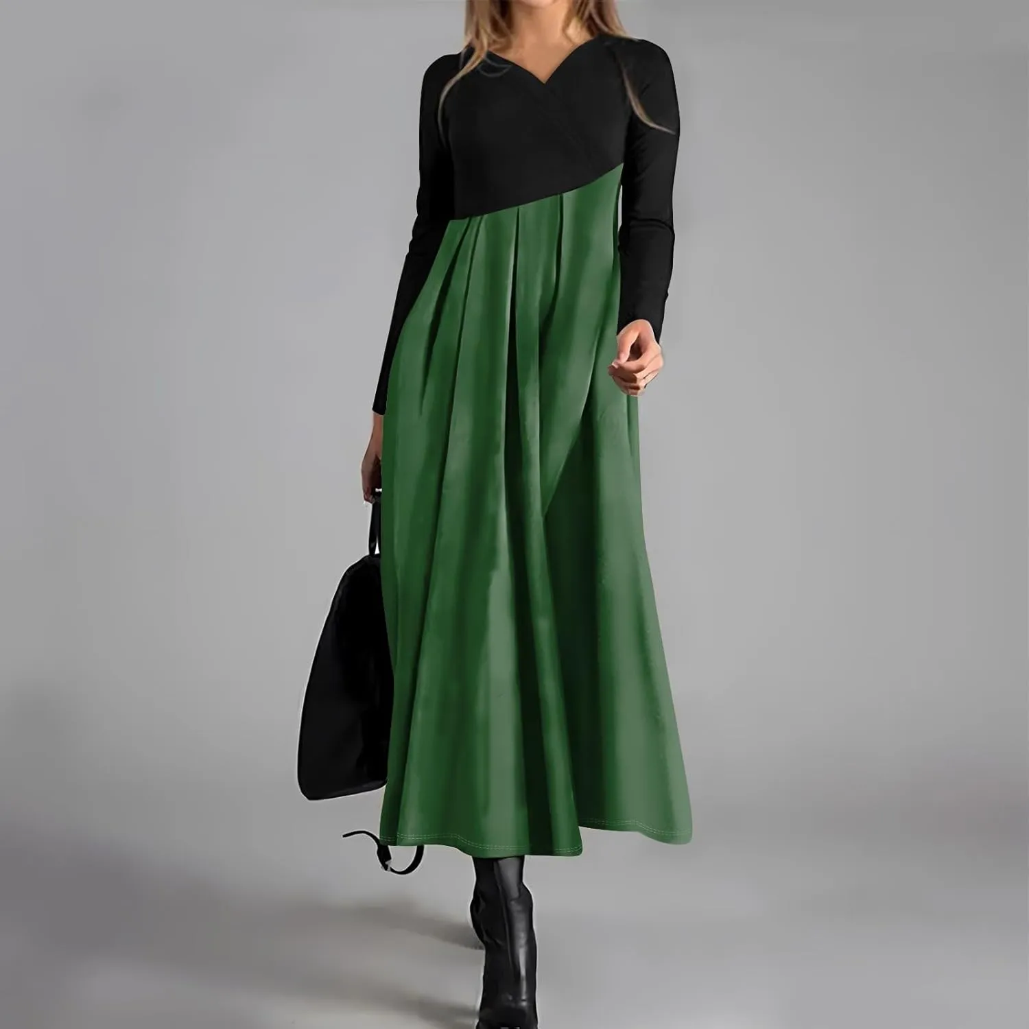 BAXLIMEK Long Sleeve Dresses for Women,2025 Spring Trendy V Neck Patchwork Maxi Dress Casual Loose Flowy Ruched Beach Dress