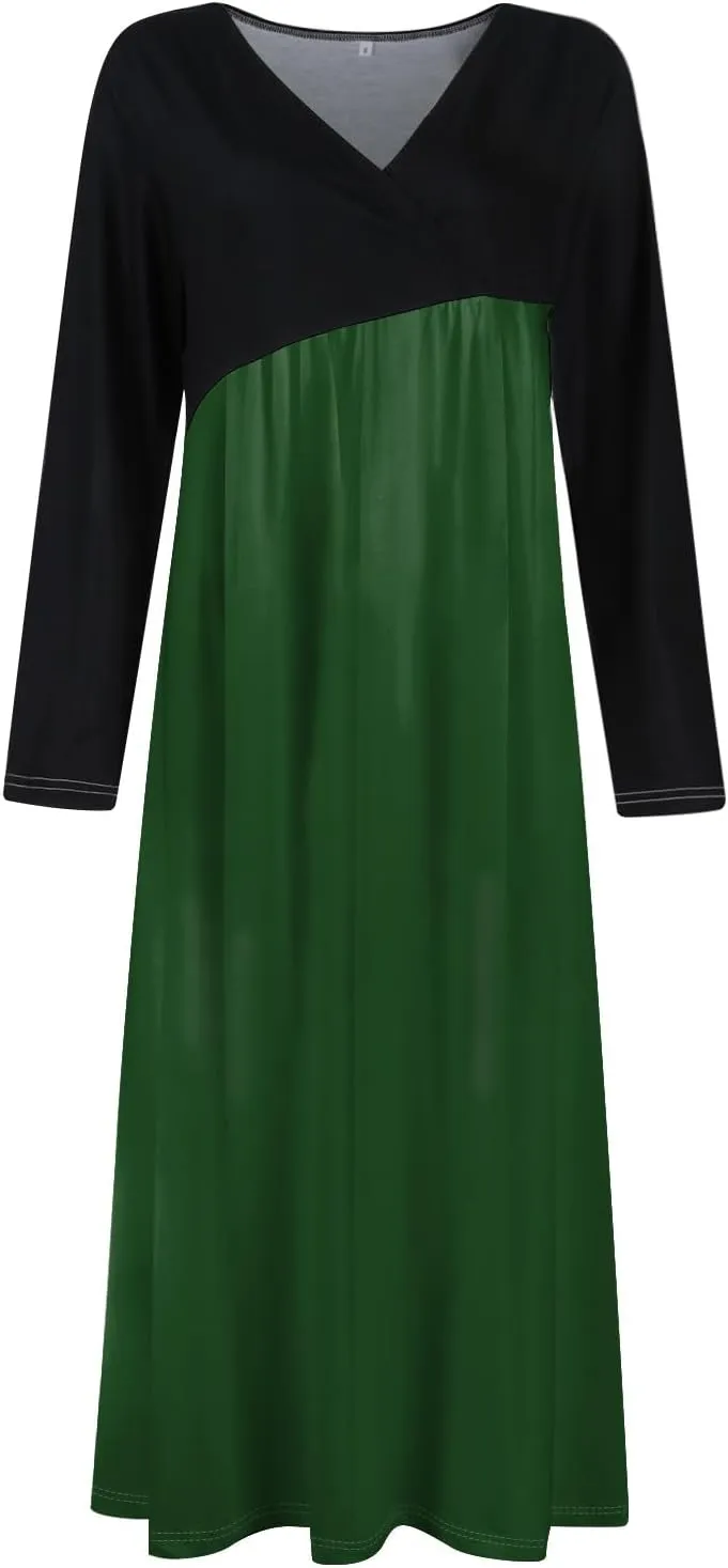 BAXLIMEK Long Sleeve Dresses for Women,2025 Spring Trendy V Neck Patchwork Maxi Dress Casual Loose Flowy Ruched Beach Dress
