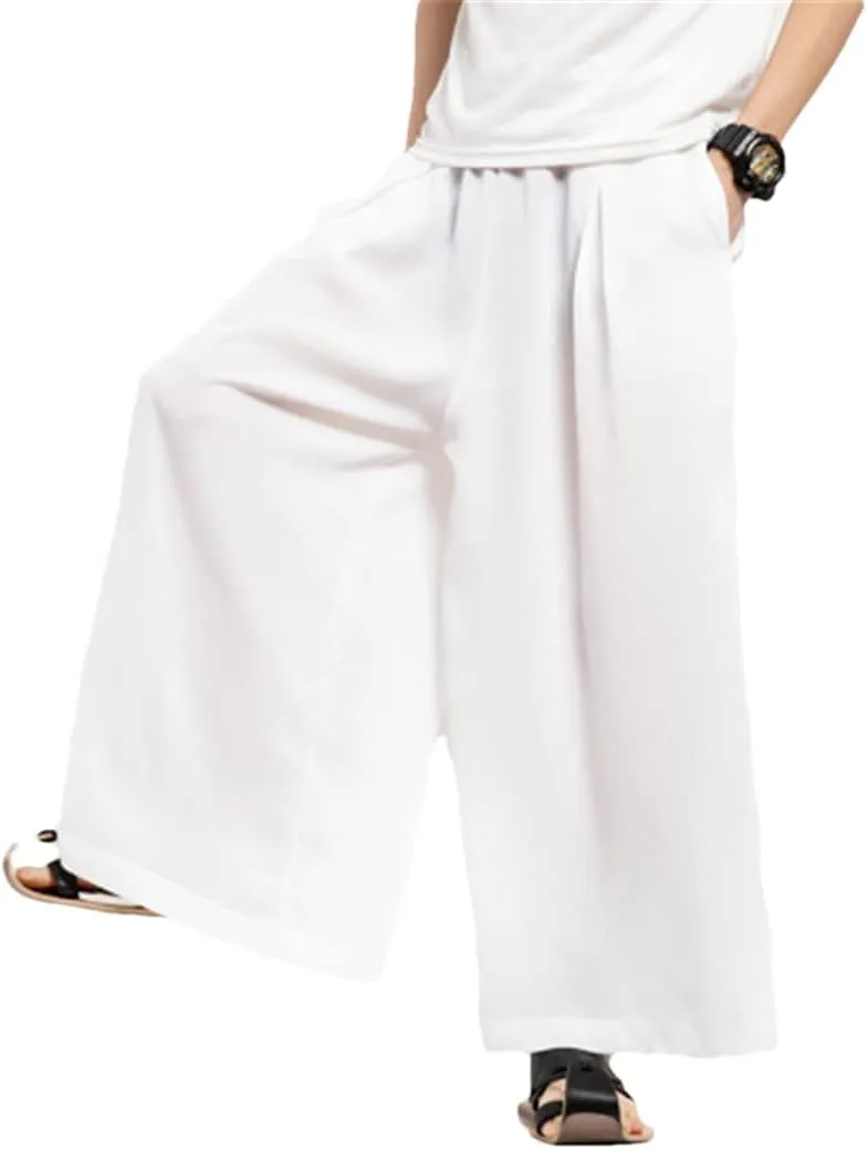 Bciopll Men Summer Thin Wide Leg Pants White Harajuku Harem Pants Chinese Style Skirt Trousers