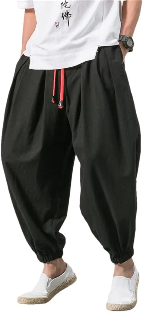 Bciopll Men's Cotton Linen Casual Solid Colors Loose Trousers Japanese Style Elastic Waist Harem Pants