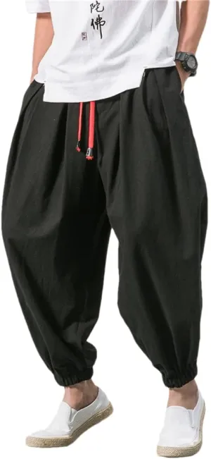 Bciopll Men's Cotton Linen Casual Solid Colors Loose Trousers Japanese Style Elastic Waist Harem Pants