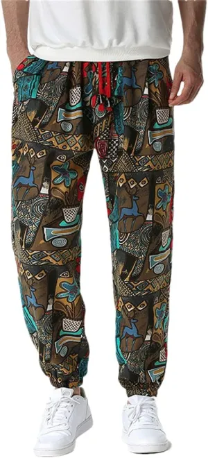 Bciopll Mens Nation Print Cotton Linen Joggers Pants Hip Hop Harem Trousers