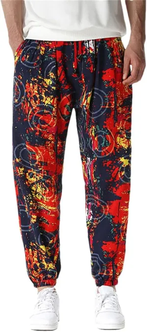 Bciopll Mens Nation Print Cotton Linen Joggers Pants Hip Hop Harem Trousers