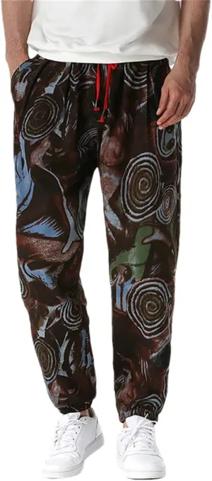 Bciopll Mens Nation Print Cotton Linen Joggers Pants Hip Hop Harem Trousers