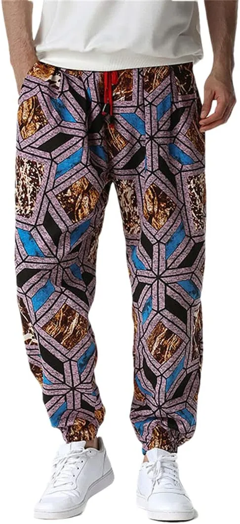 Bciopll Mens Nation Print Cotton Linen Joggers Pants Hip Hop Harem Trousers