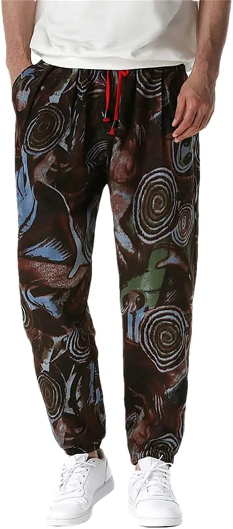 Bciopll Mens Nation Print Cotton Linen Joggers Pants Hip Hop Harem Trousers