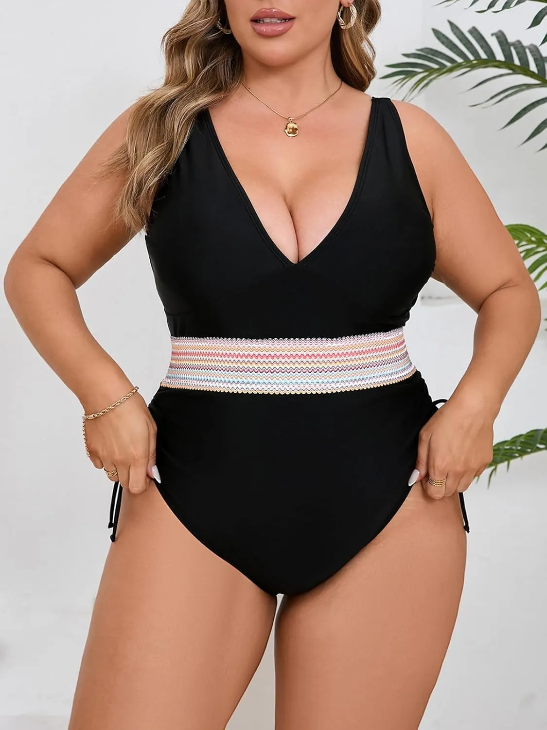 Beautife Womens Plus Size Tummy Control One Piece Swimsuit Modest Slimming Color Block V Neck Drawstring Bathing Suit