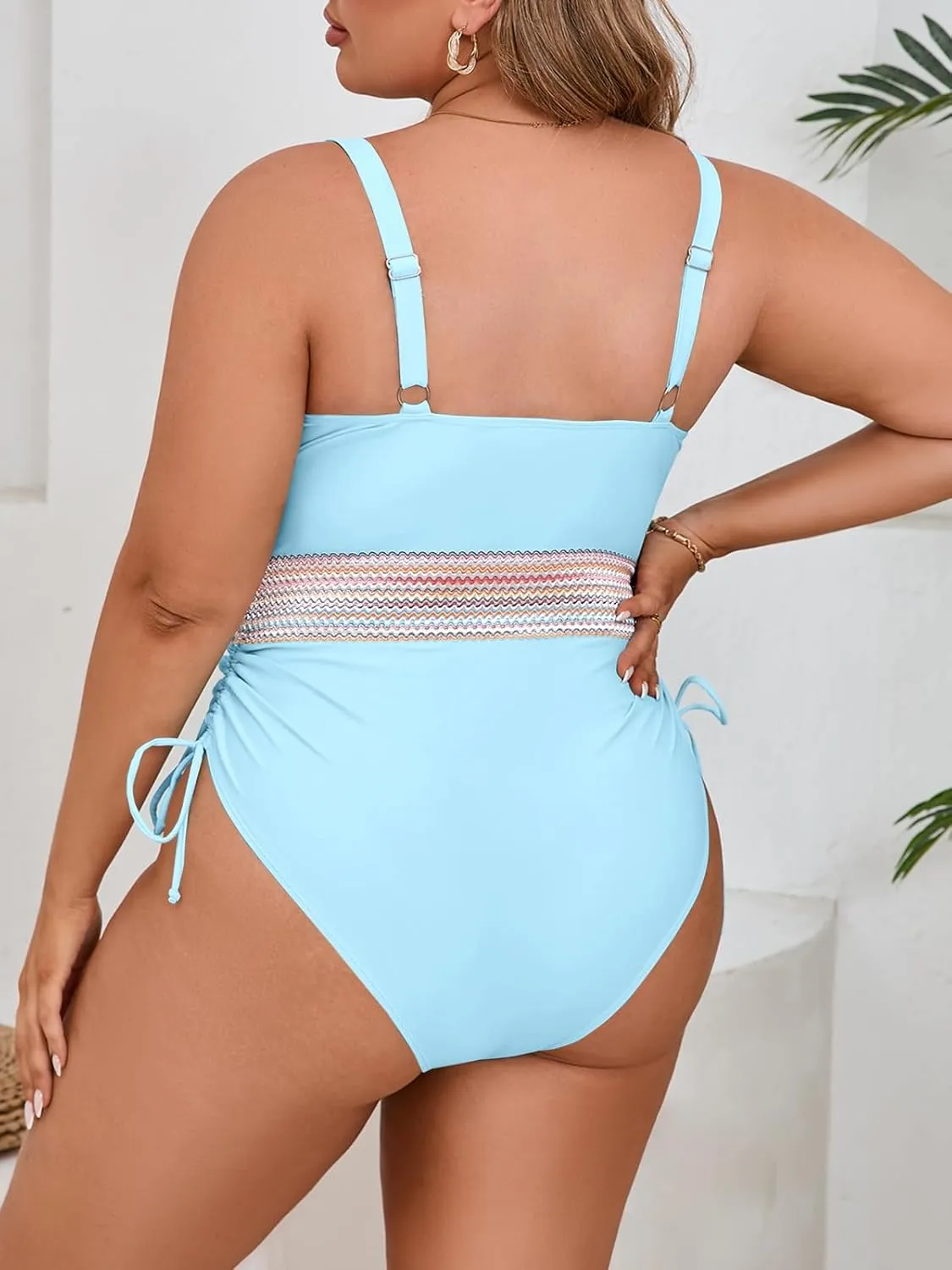 Beautife Womens Plus Size Tummy Control One Piece Swimsuit Modest Slimming Color Block V Neck Drawstring Bathing Suit