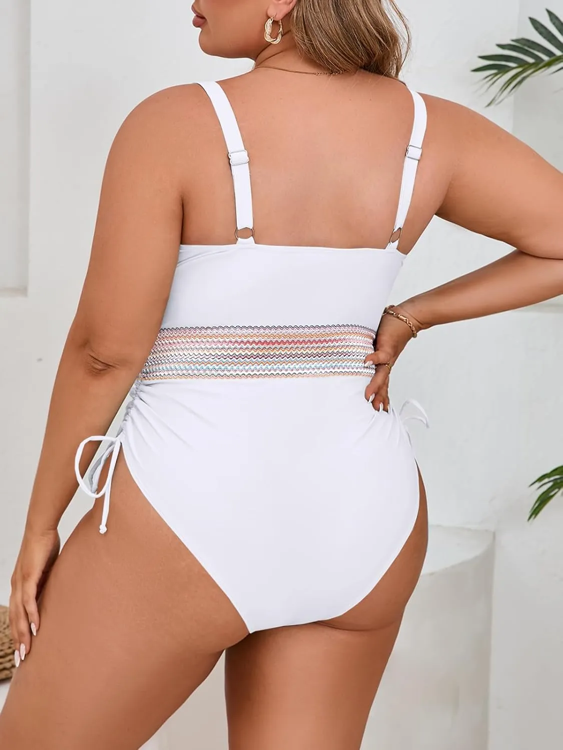 Beautife Womens Plus Size Tummy Control One Piece Swimsuit Modest Slimming Color Block V Neck Drawstring Bathing Suit