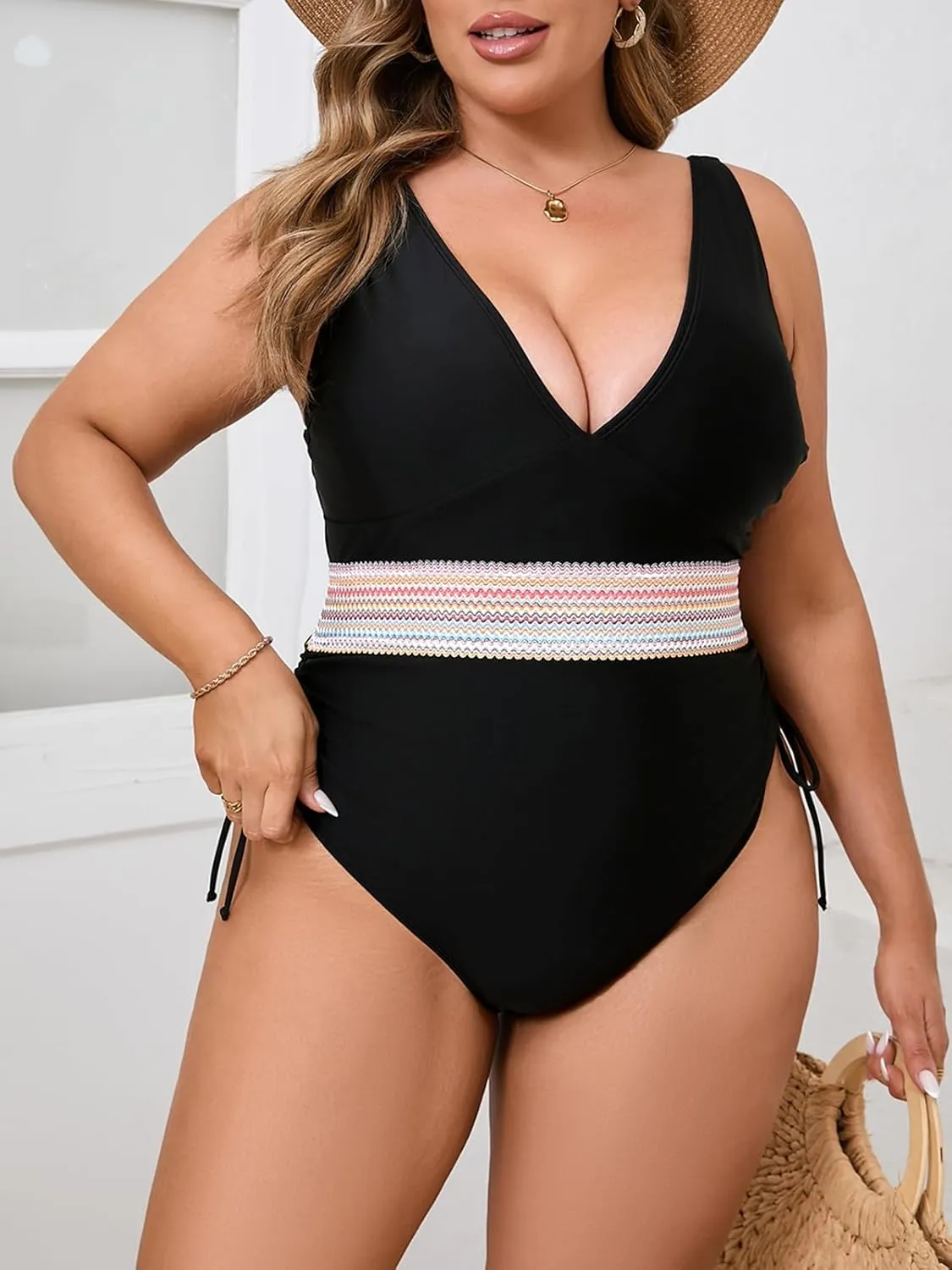 Beautife Womens Plus Size Tummy Control One Piece Swimsuit Modest Slimming Color Block V Neck Drawstring Bathing Suit