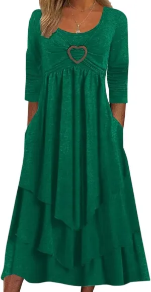 Bengbobar Womens Fall Crewneck Long Sleeve Dress Casual Cute Heart Tiered Swing Ruffle A Line Flowy Maxi Dresses with Pockets