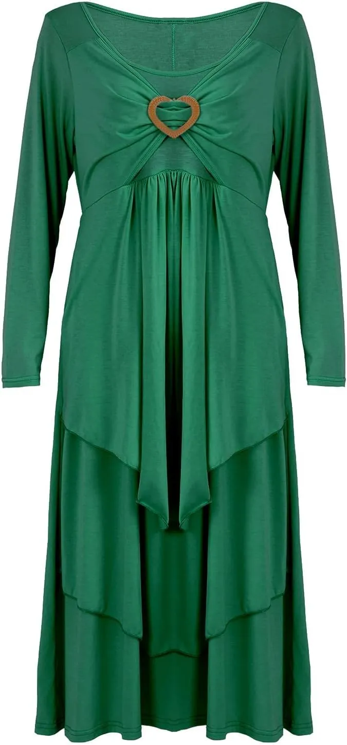 Bengbobar Womens Fall Crewneck Long Sleeve Dress Casual Cute Heart Tiered Swing Ruffle A Line Flowy Maxi Dresses with Pockets
