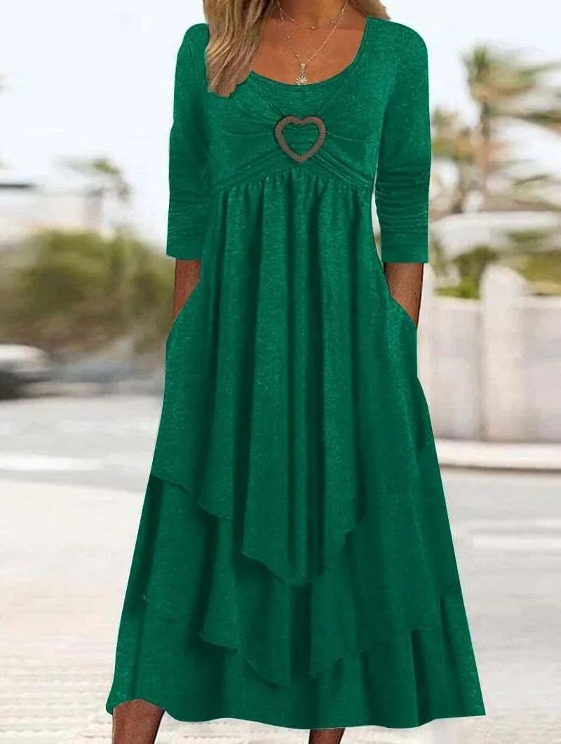 Bengbobar Womens Fall Crewneck Long Sleeve Dress Casual Cute Heart Tiered Swing Ruffle A Line Flowy Maxi Dresses with Pockets