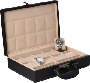 Bey-Berk Personalized Alfred 10-Slot Black Leather Custom Watch Box Briefcase with Handle, Lock & Organizer