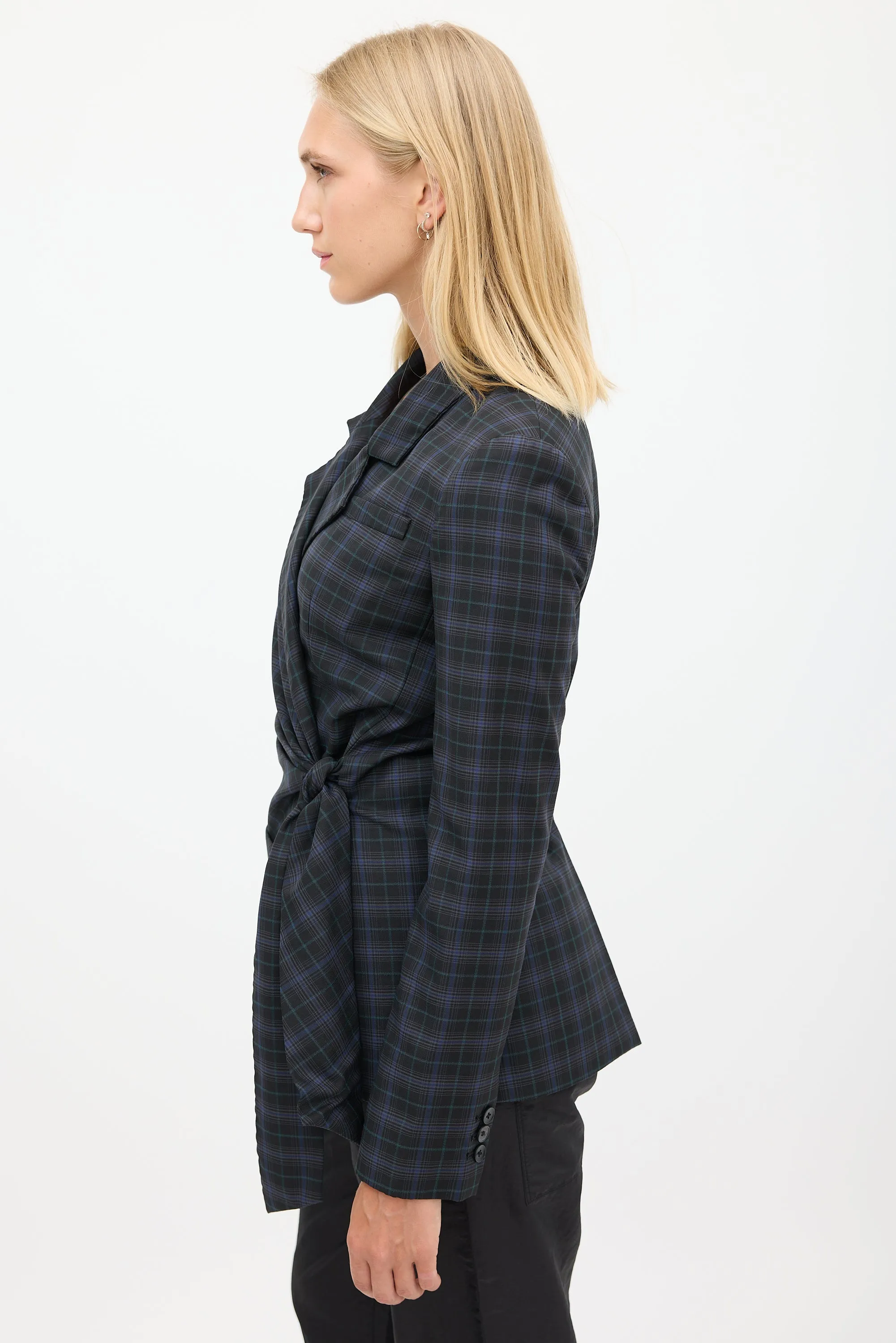 Black & Blue Wool Plaid Gathered Blazer
