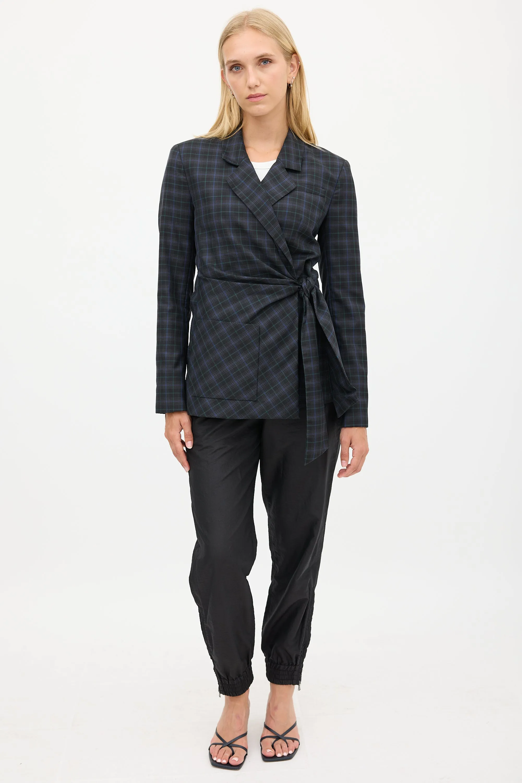 Black & Blue Wool Plaid Gathered Blazer