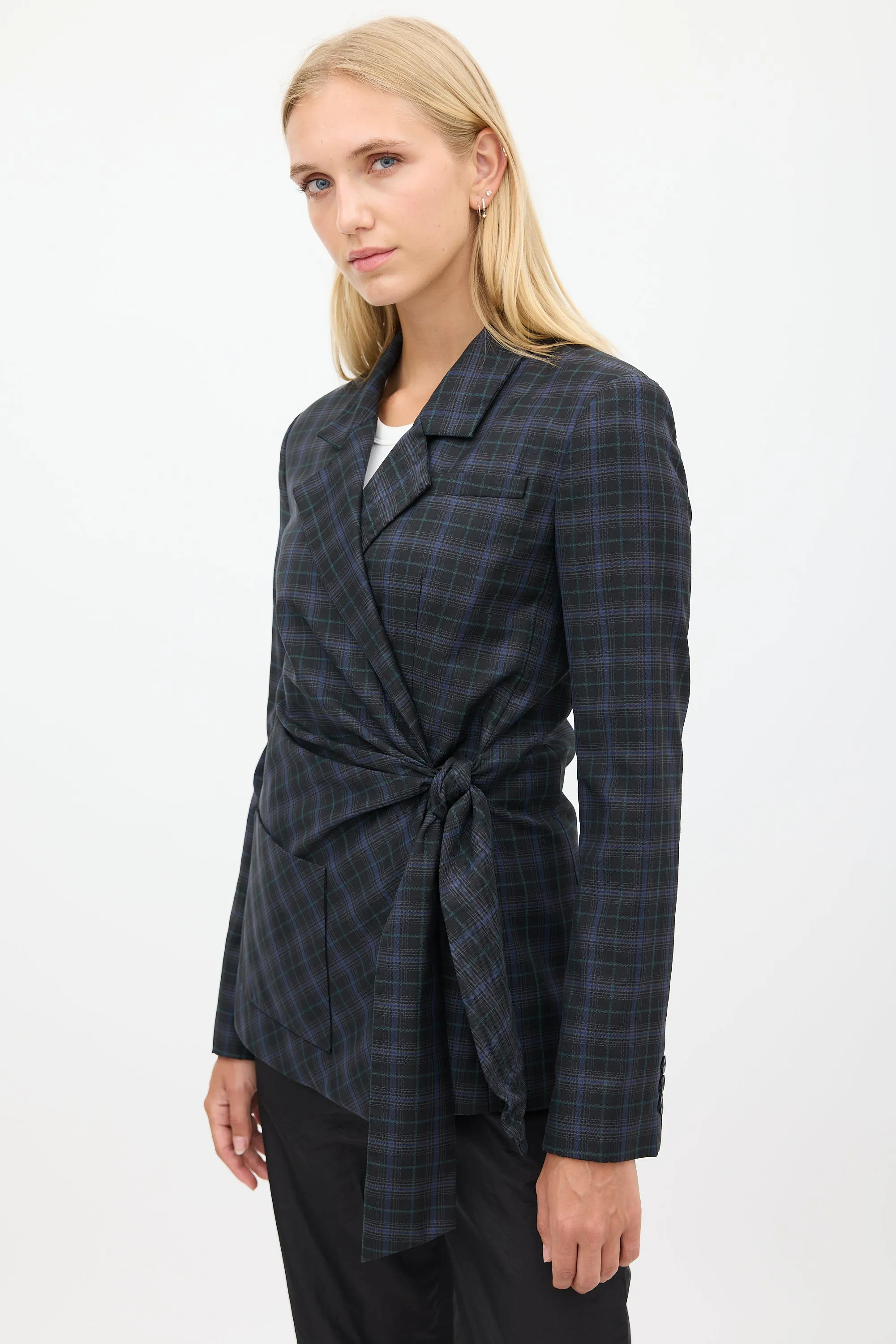 Black & Blue Wool Plaid Gathered Blazer