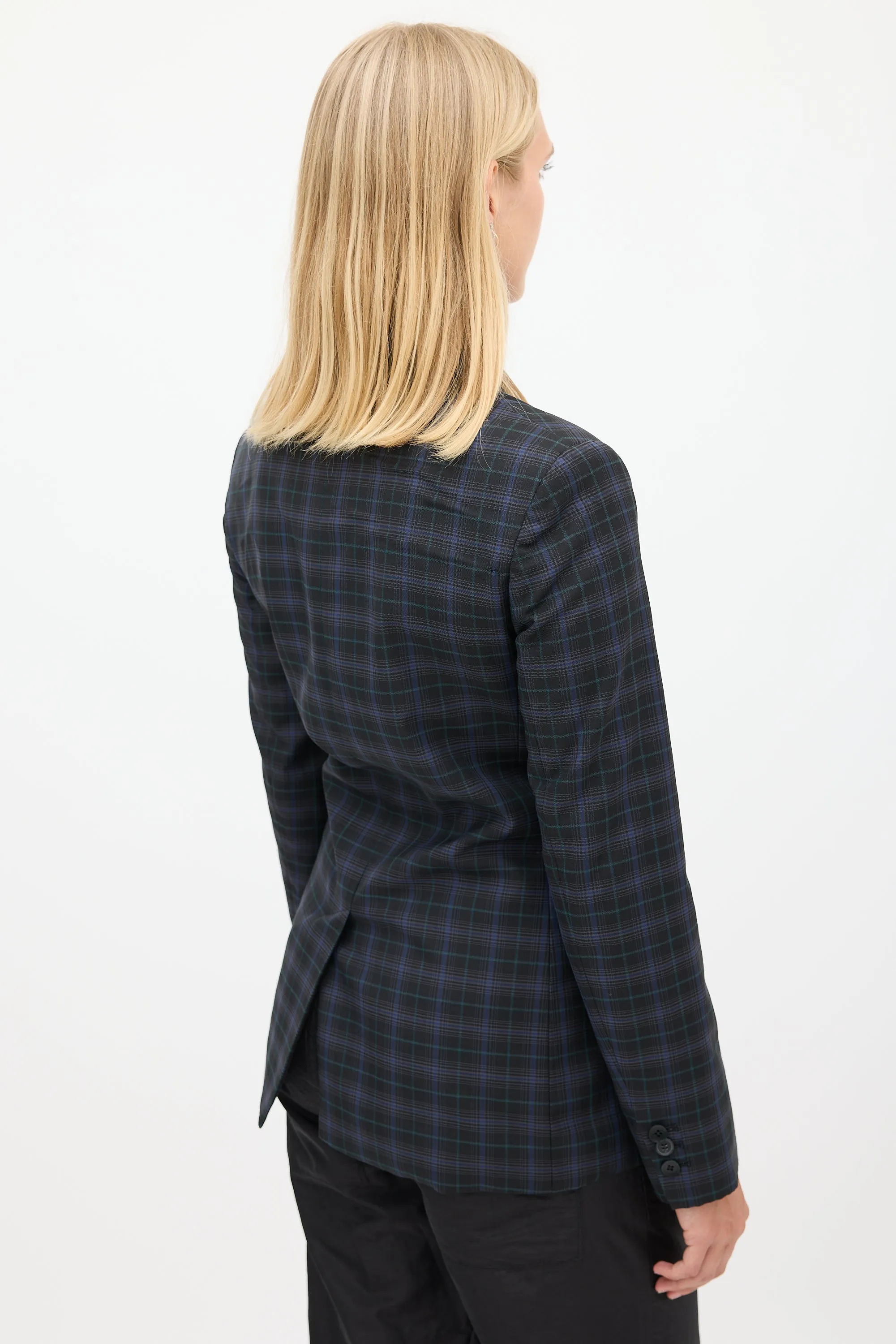 Black & Blue Wool Plaid Gathered Blazer
