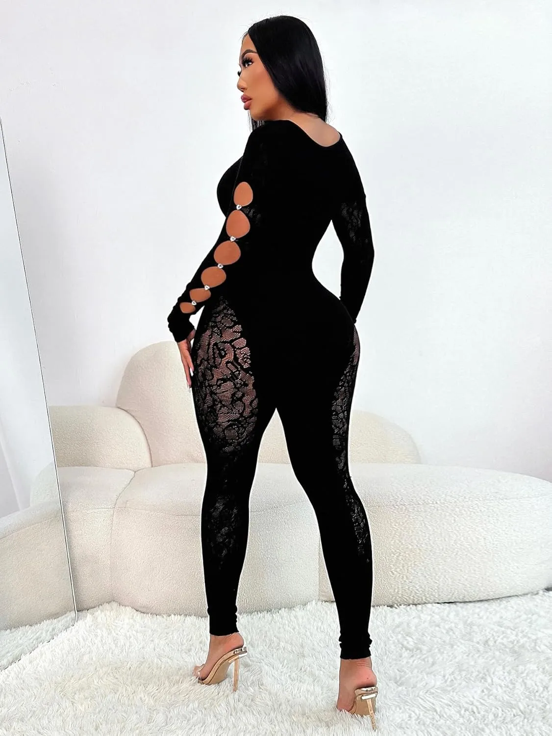 Black Lace Jumpsuits for Women Sexy, Long Sleeve, Cutout Design, Bodycon Fit