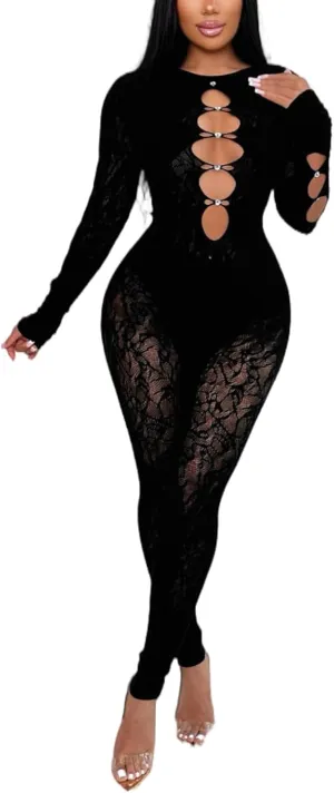 Black Lace Jumpsuits for Women Sexy, Long Sleeve, Cutout Design, Bodycon Fit