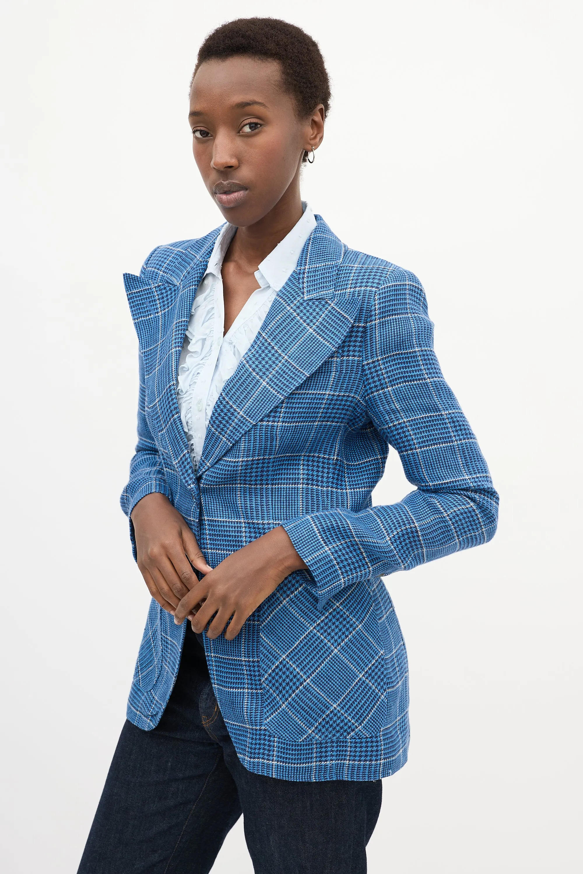 Blue & White Linen Plaid Blazer