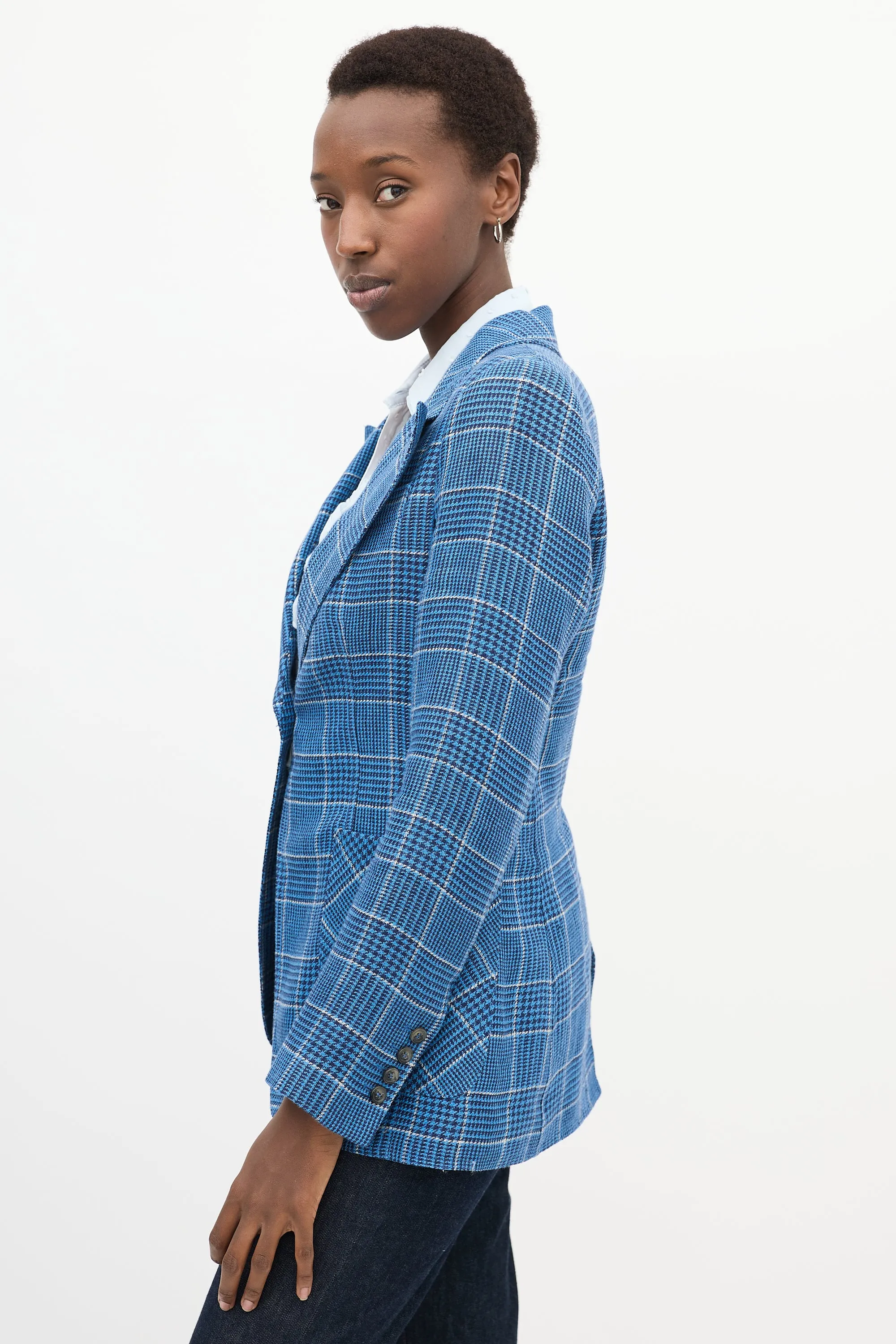 Blue & White Linen Plaid Blazer