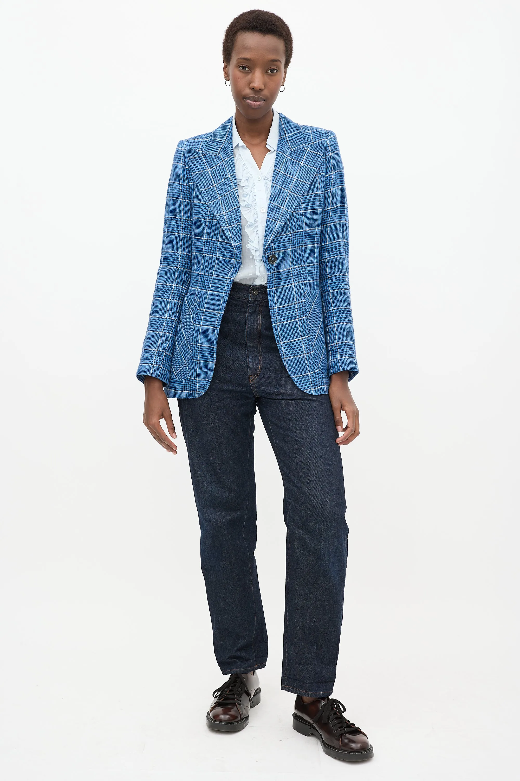 Blue & White Linen Plaid Blazer