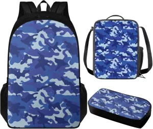 Blue Camouflage 3 Pcs Backpacks Set Lightweight School Backpack Kids Boys 2nd Grade Student Bookbag and Lunch Box Pencil Case Cool School Bag for Preschool Primary Elementary