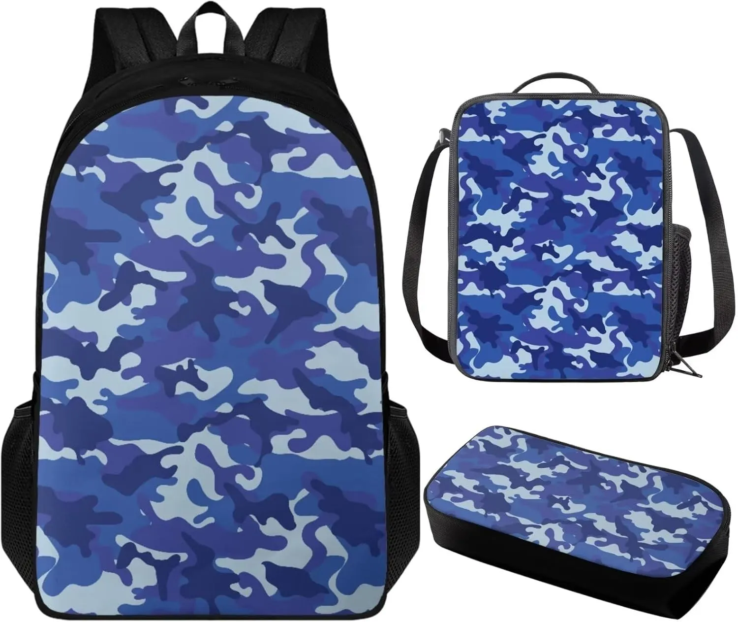 Blue Camouflage 3 Pcs Backpacks Set Lightweight School Backpack Kids Boys 2nd Grade Student Bookbag and Lunch Box Pencil Case Cool School Bag for Preschool Primary Elementary