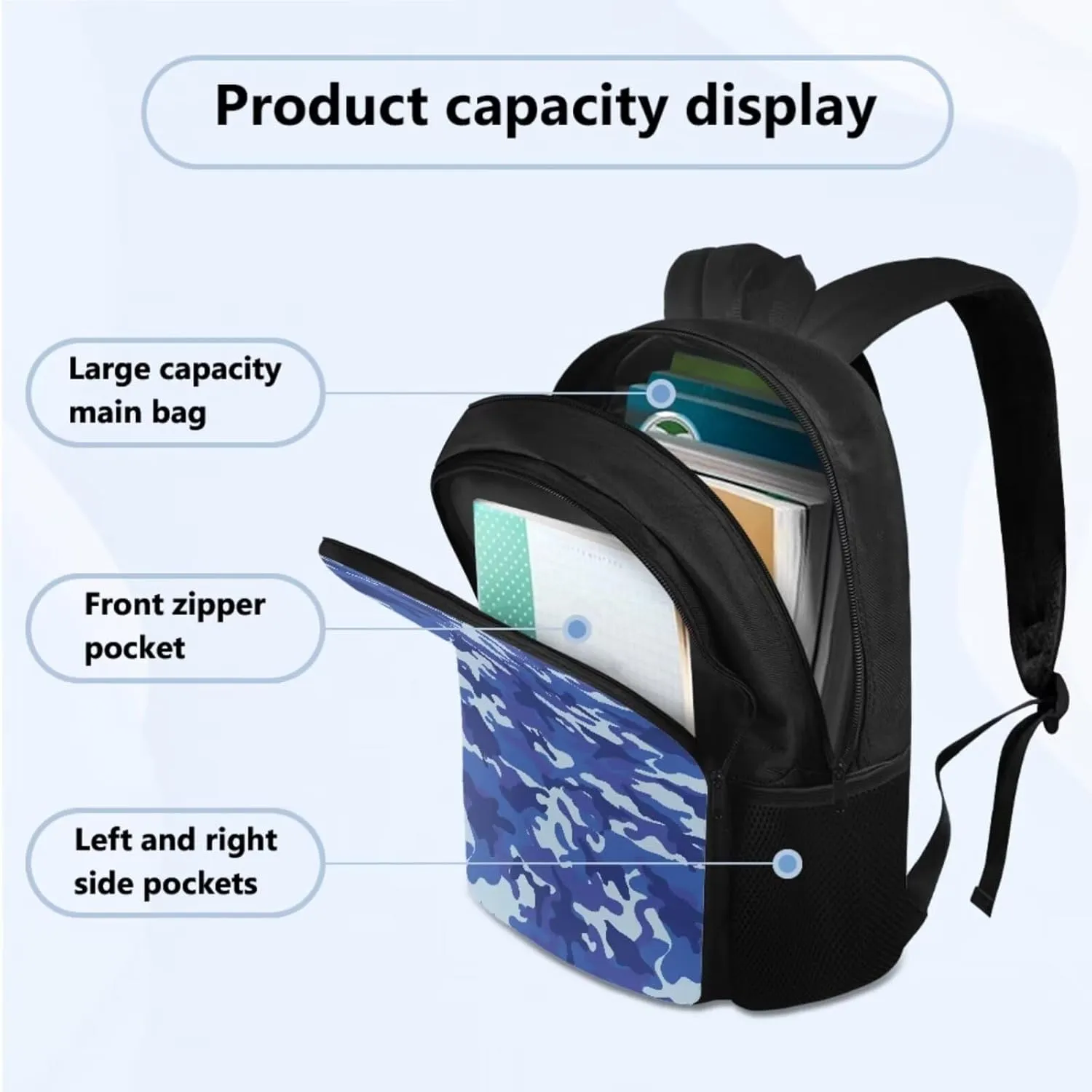 Blue Camouflage 3 Pcs Backpacks Set Lightweight School Backpack Kids Boys 2nd Grade Student Bookbag and Lunch Box Pencil Case Cool School Bag for Preschool Primary Elementary