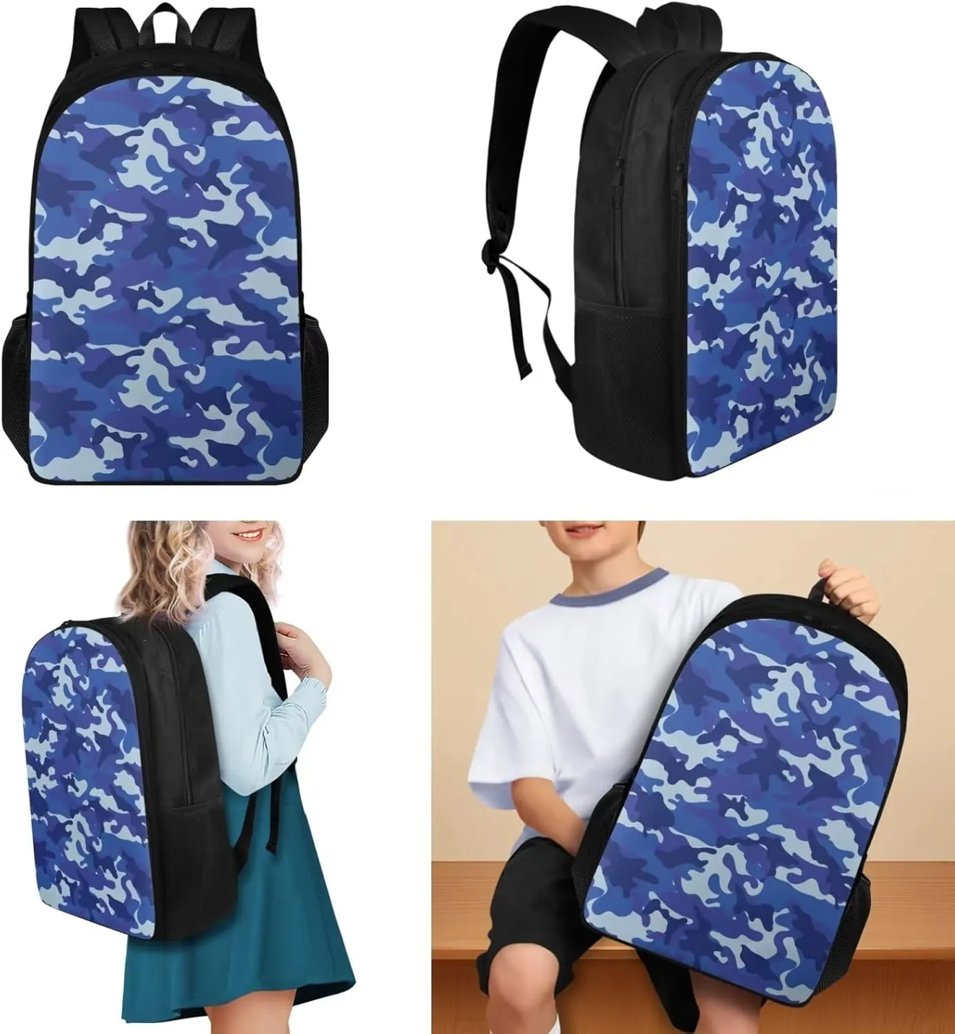 Blue Camouflage 3 Pcs Backpacks Set Lightweight School Backpack Kids Boys 2nd Grade Student Bookbag and Lunch Box Pencil Case Cool School Bag for Preschool Primary Elementary
