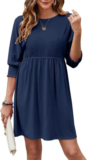 Bluetime Womens Summer Tunic Dress Crew Neck Casual 3/4 Sleeve Short Babydoll Loose Flowy Dresses