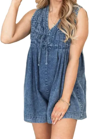 Bowanadacles Women Summer Sleeveless Shorts Denim Jumpsuit Loose Tie Up Pleated Romper Casual Deep V Neck One Piece Outfits