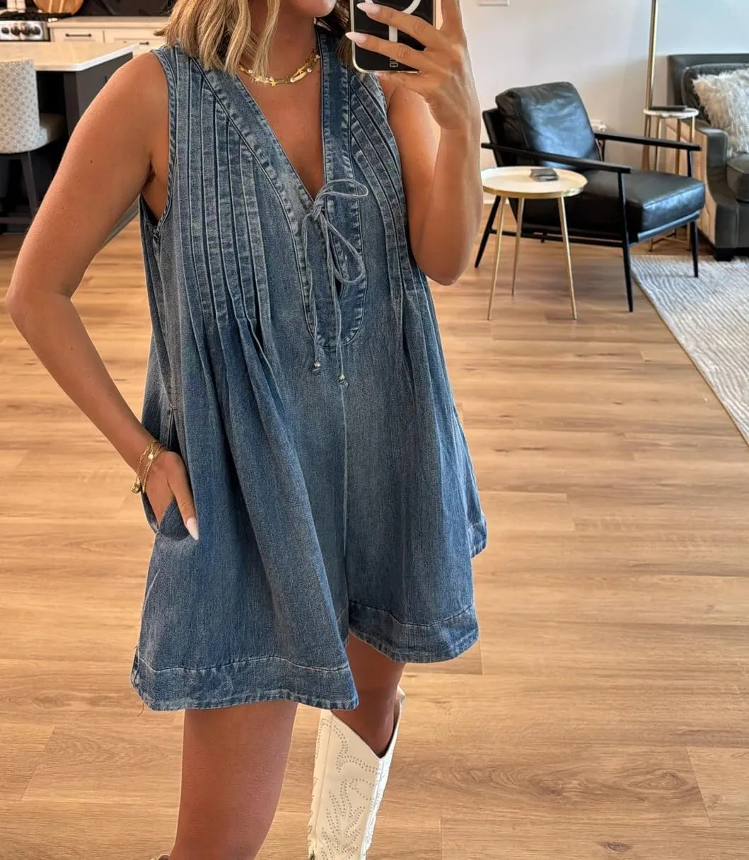 Bowanadacles Women Summer Sleeveless Shorts Denim Jumpsuit Loose Tie Up Pleated Romper Casual Deep V Neck One Piece Outfits