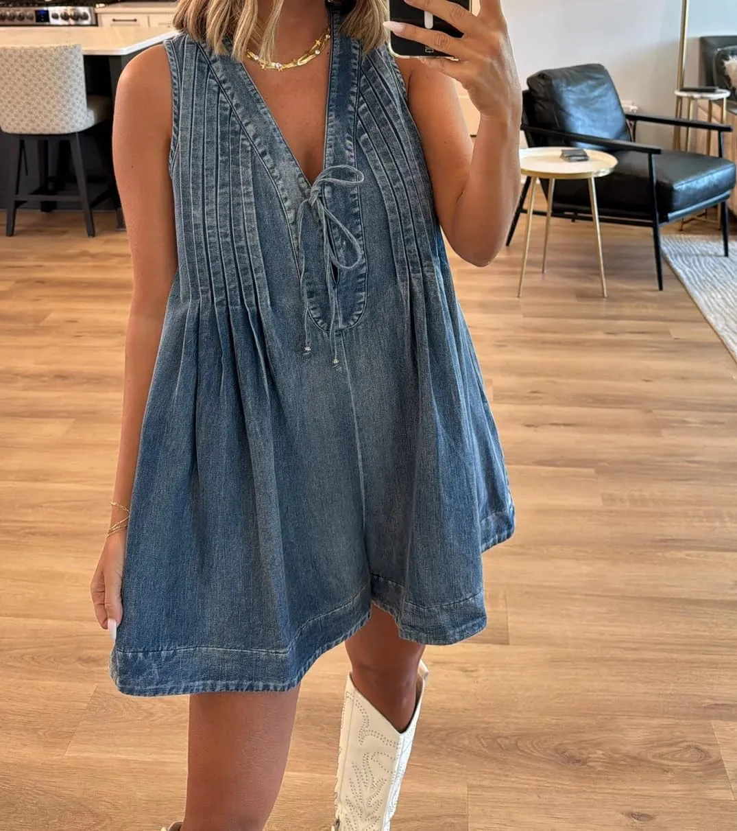 Bowanadacles Women Summer Sleeveless Shorts Denim Jumpsuit Loose Tie Up Pleated Romper Casual Deep V Neck One Piece Outfits