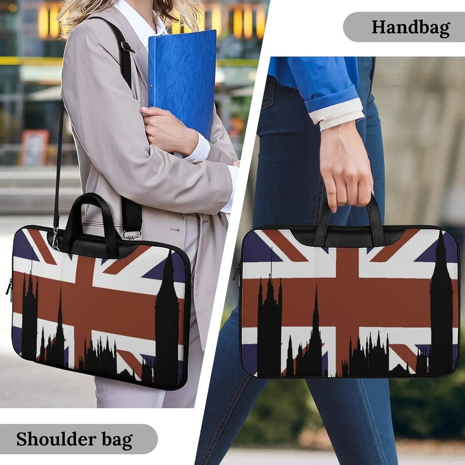 British Flag Building Silhouette Leather Bag Laptop Case Slim Water Resistant Computer Bags with Handle Briefcase for Work
