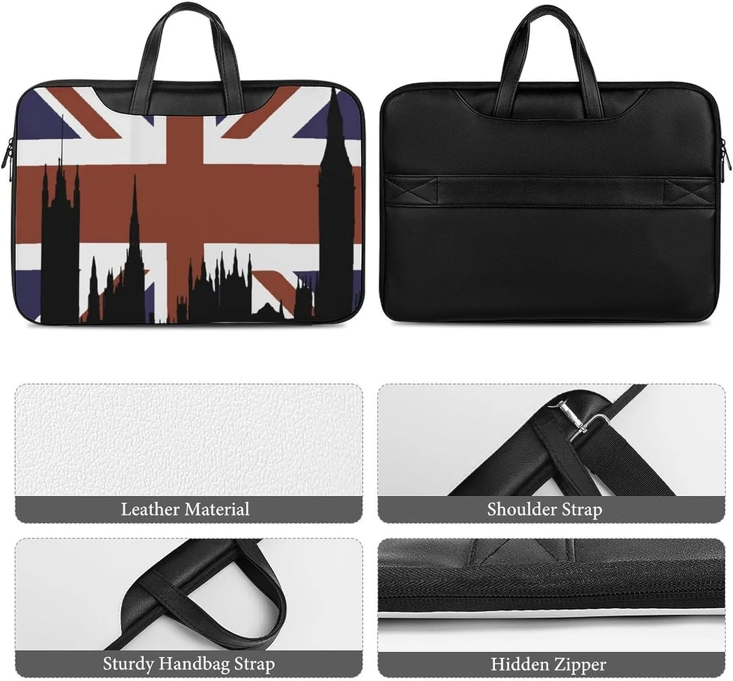 British Flag Building Silhouette Leather Bag Laptop Case Slim Water Resistant Computer Bags with Handle Briefcase for Work