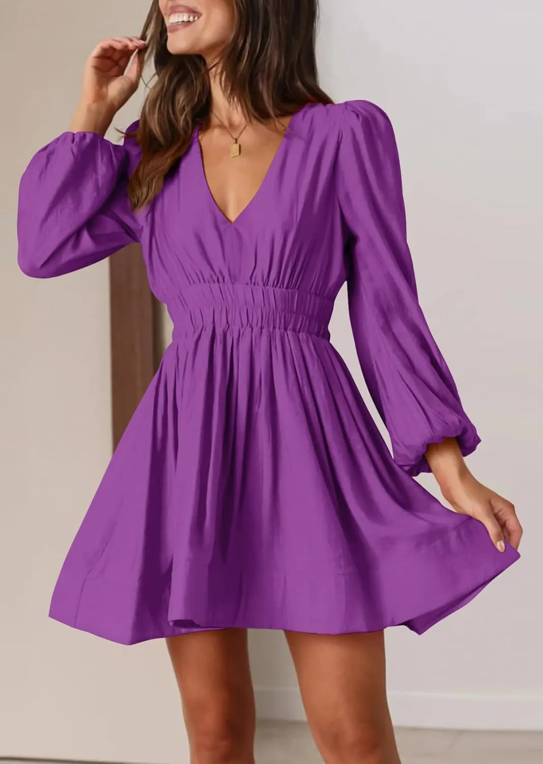 BWQ Women Mini Dress Long Sleeve Deep V Sexy Dress A-line Elastic High Waisted Flowy Dress
